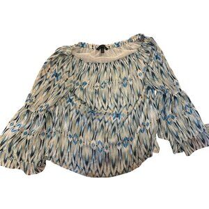 White House Black Market Womens Off-Shoulder Blouse M Blue & White Abstract Art